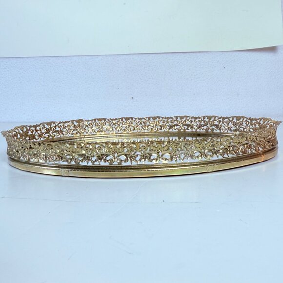 Regency Oval Mirror Vanity Tray VTG Ornate Gold Tone Filigree Glam Dresser Table - Picture 6 of 12